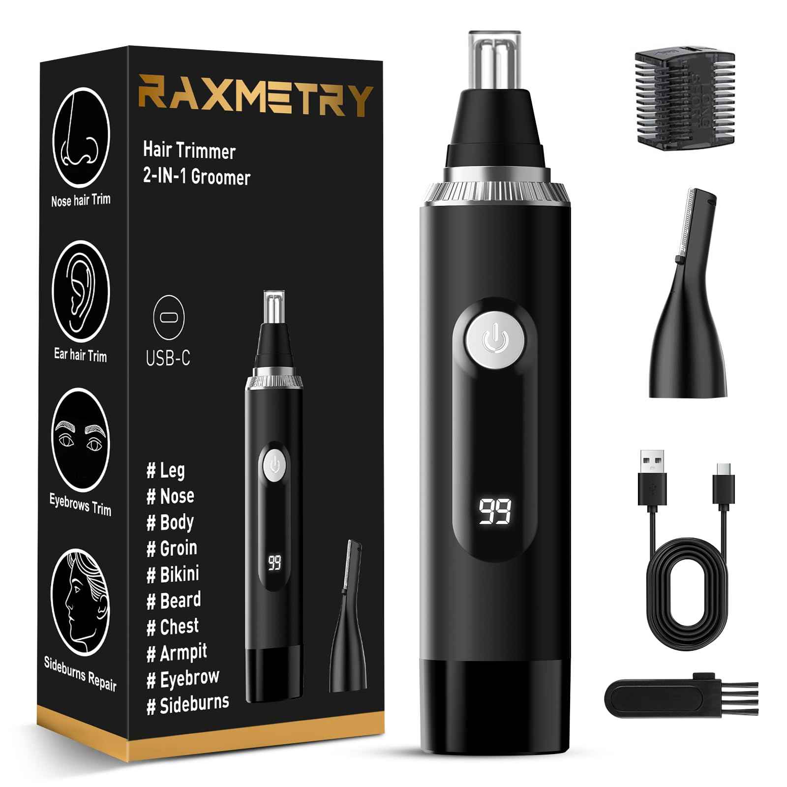 RAXMETRY Nose Hair Trimmer for Men and Women,2025 Professional Painless IPX7 Waterproof Eyebrow & Facial Hair Trimmer,USB Rechargeable with LED Display Dual-Edge Blades for Smoother Cutting,Silver