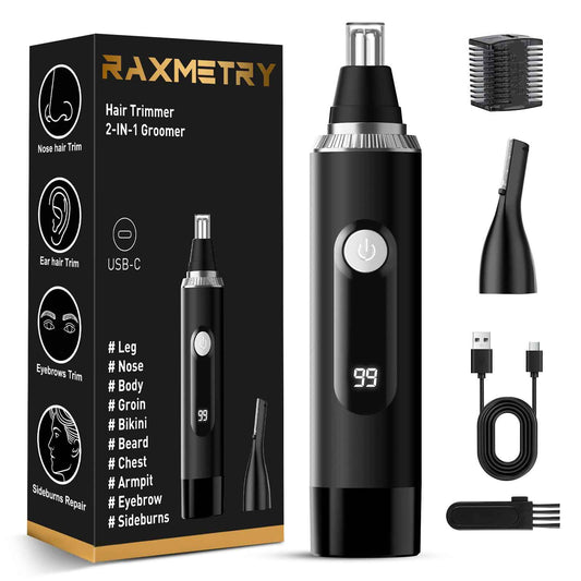 RAXMETRY Nose Hair Trimmer for Men and Women,2025 Professional Painless IPX7 Waterproof Eyebrow & Facial Hair Trimmer,USB Rechargeable with LED Display Dual-Edge Blades for Smoother Cutting,Silver