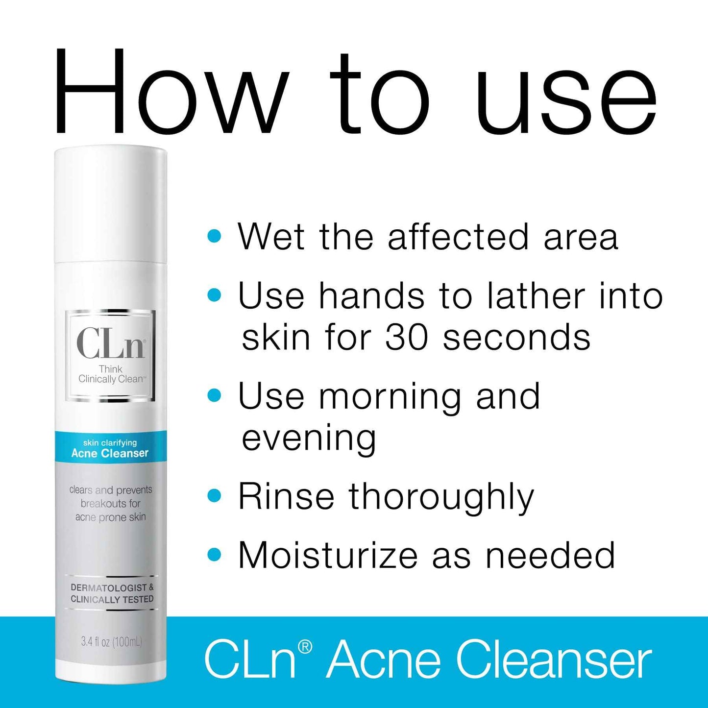 CLn® Acne Cleanser-Facial Cleanser with 0.5% Salicylic Acid to Eliminate Blackheads & Breakouts, Oil-Free & Fragrance-Free, 3.4 fl. oz.