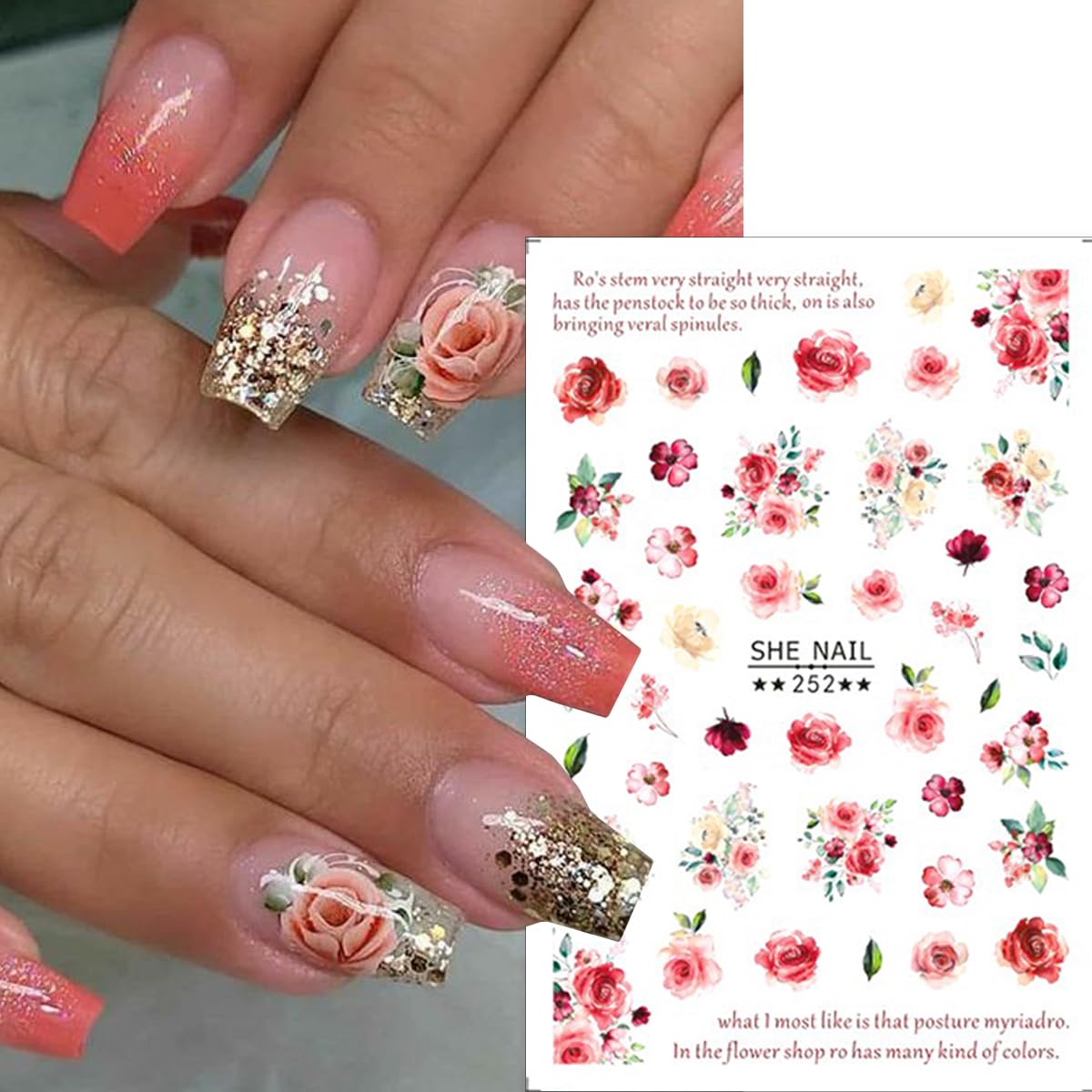 8Sheets Flower Nail Stickers for Nail Art, Flower Nail Decals 3D Self-Adhesive Flowers Rose Nail Art Design Stickers Cute Flower Nail Charms Supplies for Valentine's Day Nail Decoration Accessories