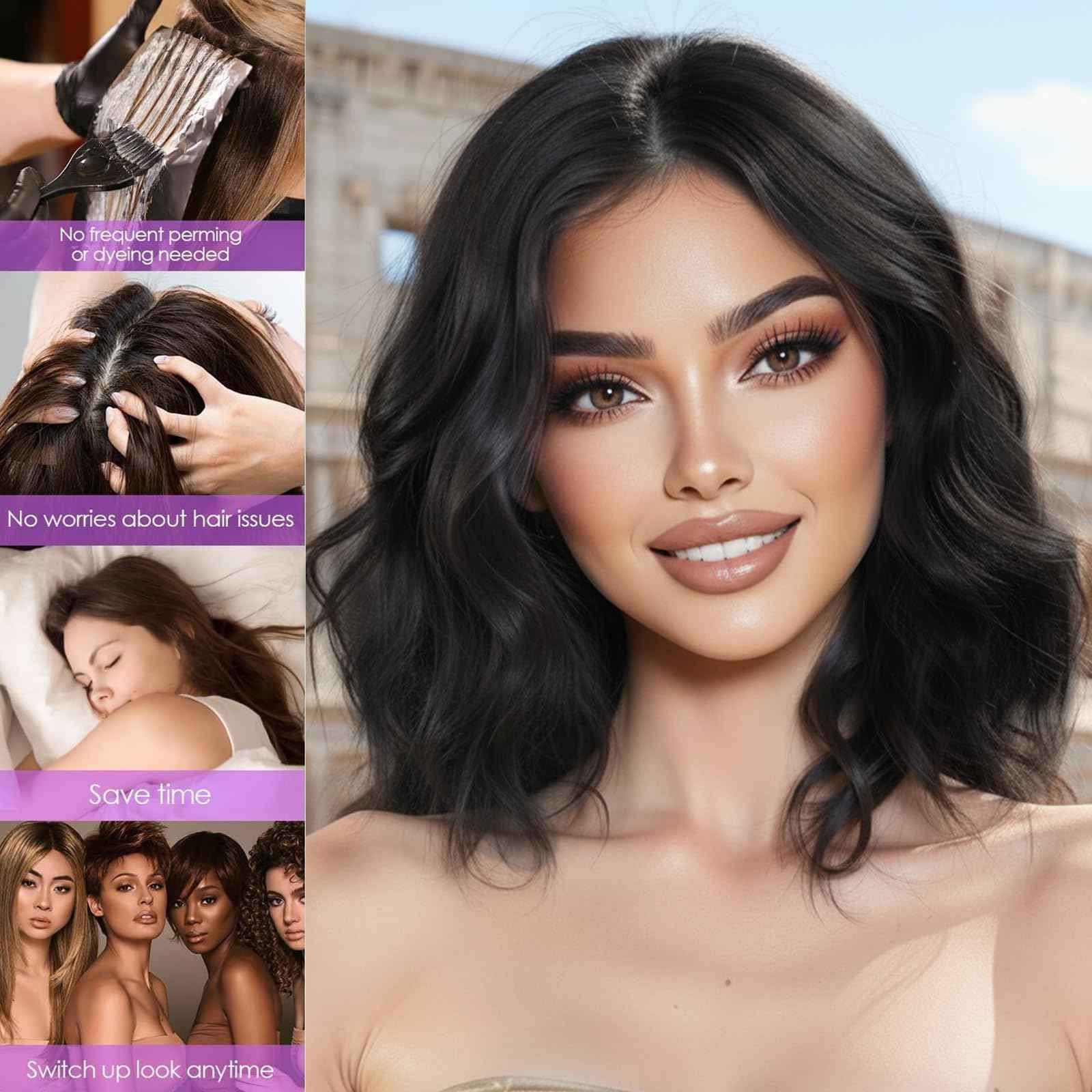 AISI HAIR 14 Inch Natural Black Wigs for Women - Shoulder Length Wave Wig with Pre-Cut Lace Hairline, Middle Part Natural Wavy Bob Synthetic Heat Resistant Fiber for Daily and Party