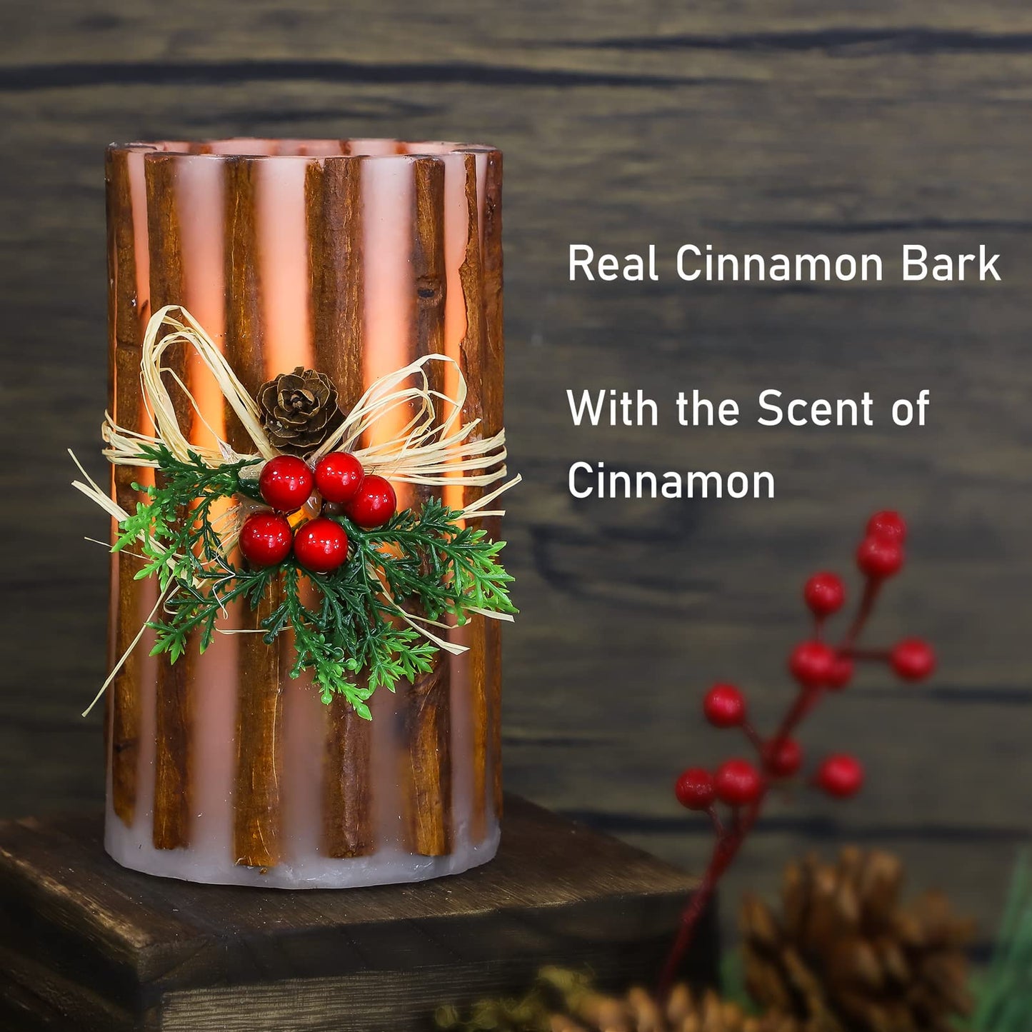 Silverstro Christmas Fake Candles with Remote Embedded Cinnamon Bark Blinks Real Wax Decorative Candles for Home Party Xmas Holiday Decorations - D3.23 X H6 Set of 2