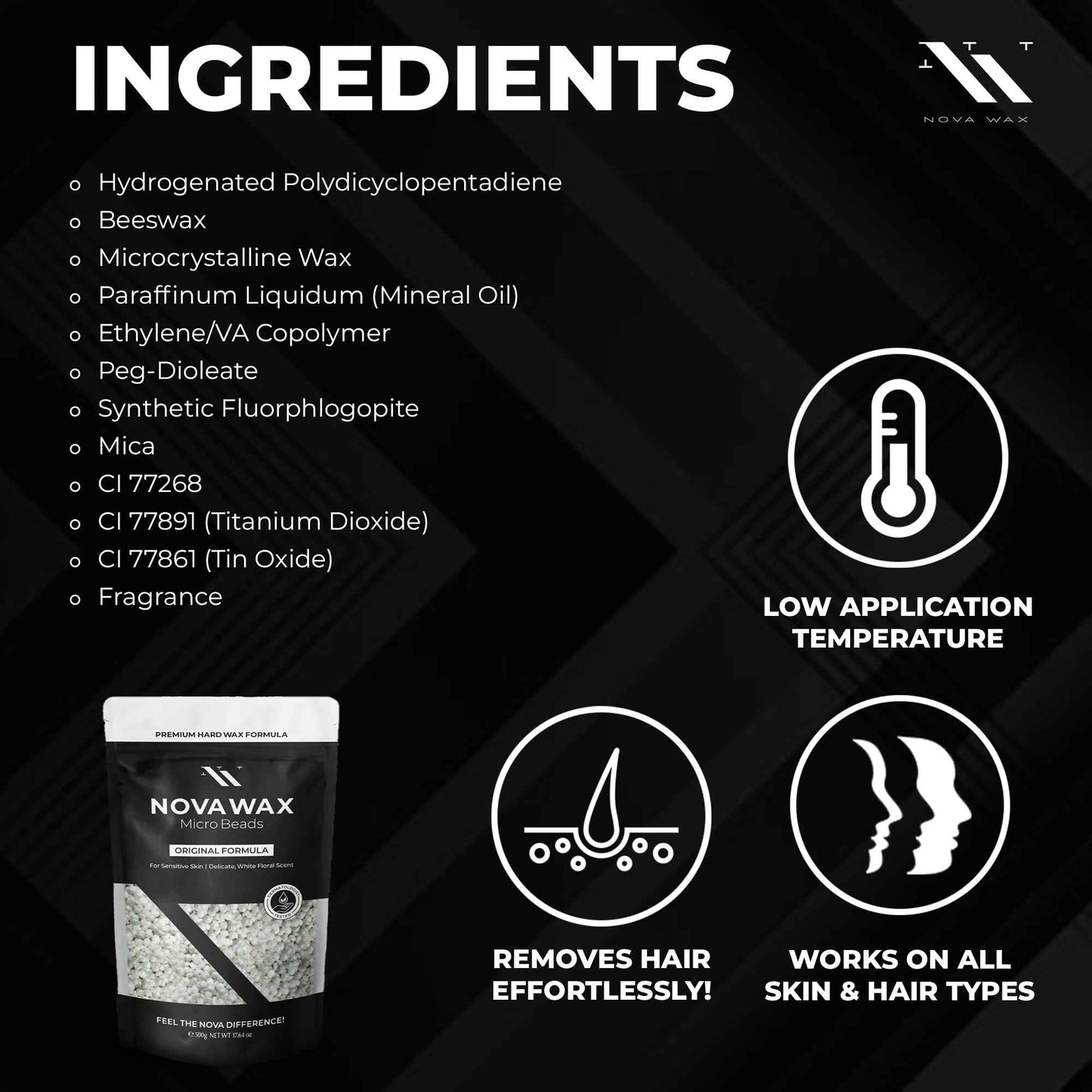 NOVA Wax 500g (1lb) Hard Waxing Beads for Painless Hair Removal, Perfect for Brazilian, Bikini, Face, Legs, Underarm, Back, and Chest