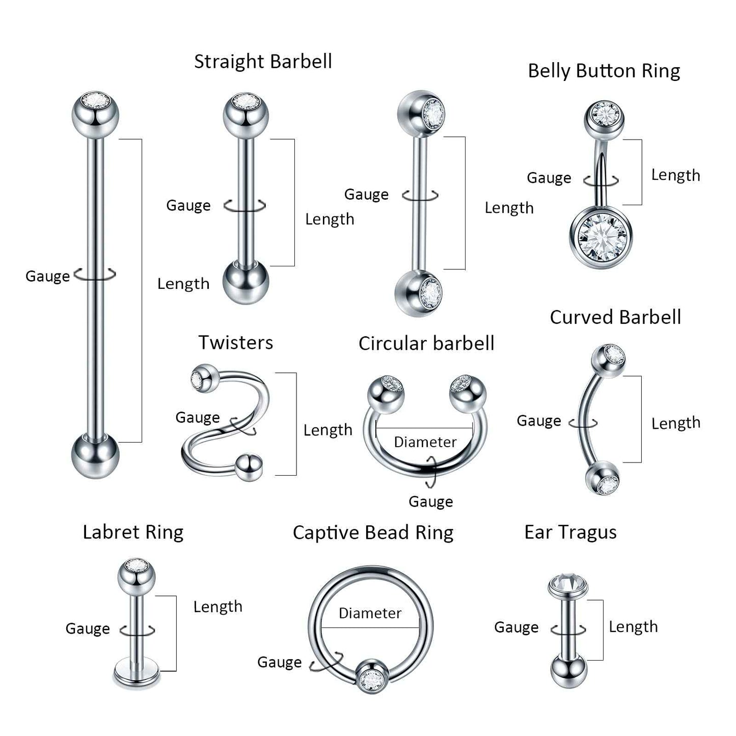 Oveta 100PCS Piercing Kit Stainless Steel 14G 16G 20G Nose Studs Lip Tongue Trague Cartilage Helix Daith Eyebrow Belly Button Ring Body Piercing Jewelry