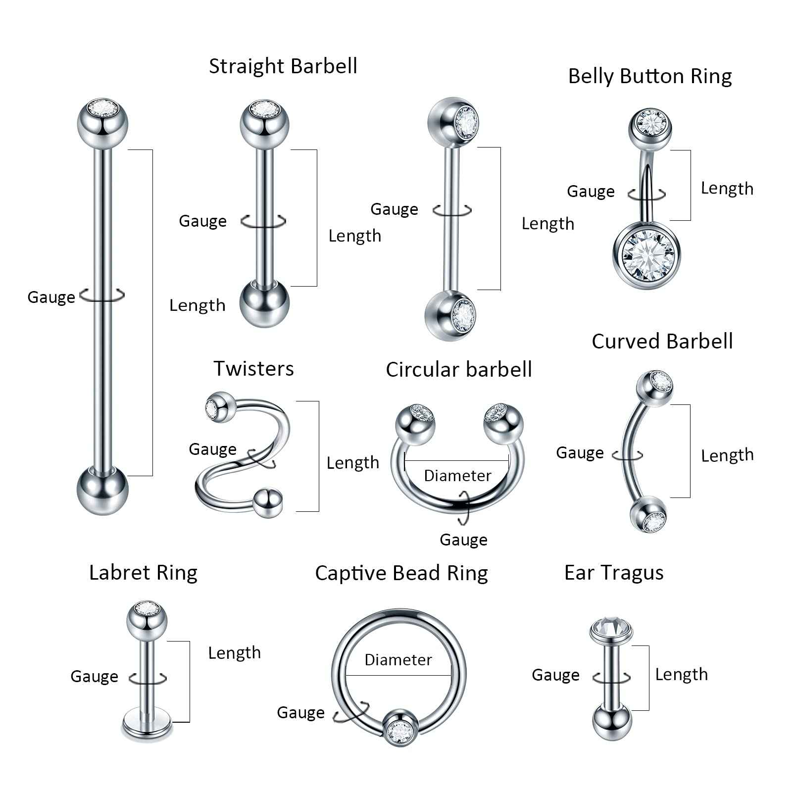 Oveta 100PCS Piercing Kit Stainless Steel 14G 16G 20G Nose Studs Lip Tongue Trague Cartilage Helix Daith Eyebrow Belly Button Ring Body Piercing Jewelry