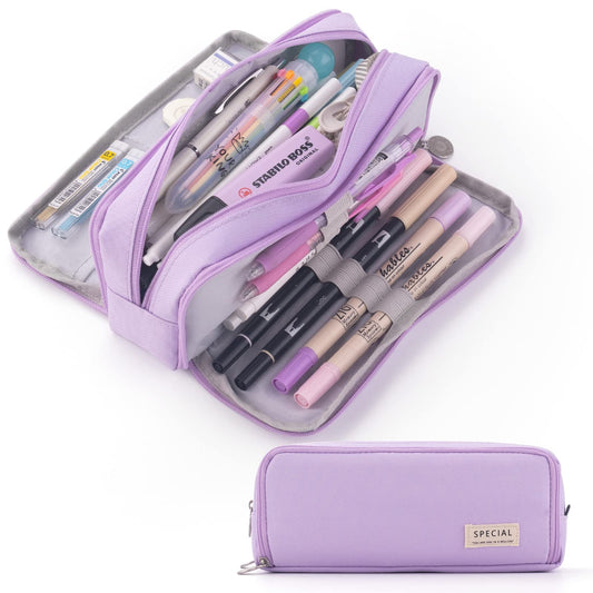 CICIMELON Large Capacity Pencil Case 3 Compartment Pouch Pen Bag for School Teen Girl Boy Men Women (Purple)