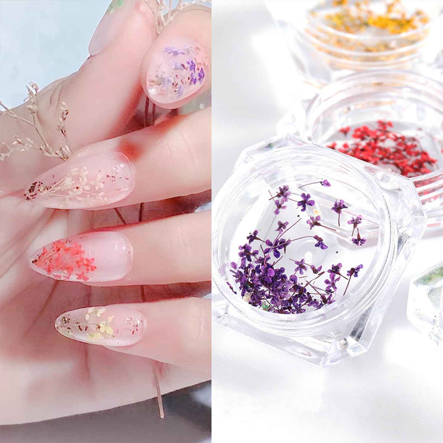 SILPECWEE 8 Boxes Dried Flowers for Nails Mini Real Nail Flowers 3D Dried Flowers Nail Stickers Nail Decor Manicure Design Nail Decorations for Makeup DIY Craft Accessories