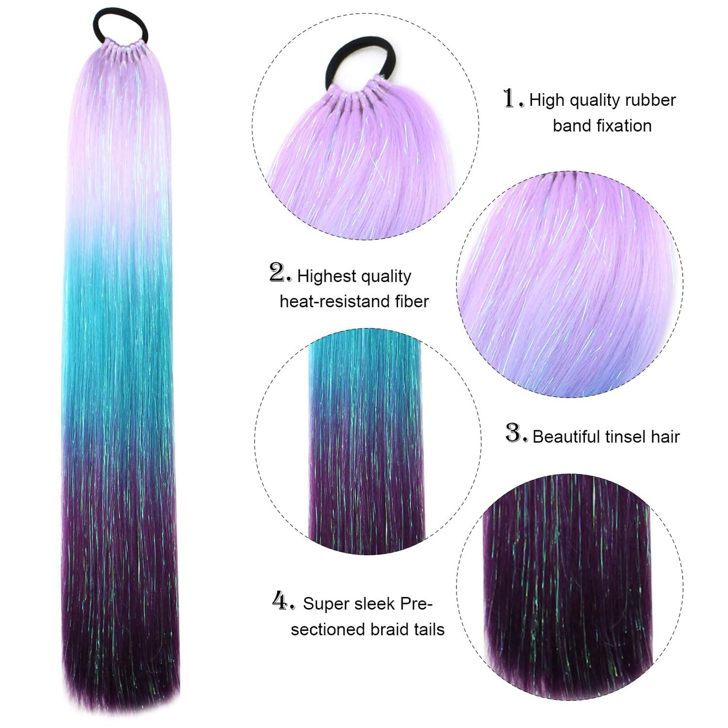 Accrue Colored Hair Extensions for Kids, 26 inch Ponytail Extension With Hair Tie, Ombre Braid Ponytail with Tinsel for Braids Rainbow Festival Party Rave Crazy Hair Day(26" Blue/Pink/Purple#3-2)