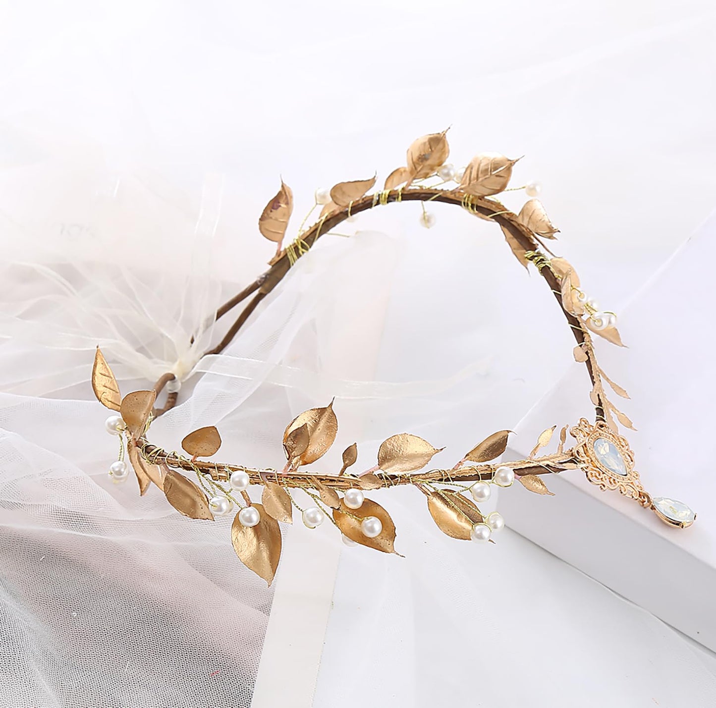 Trepveter Golden Fairy Crown Floral Headband Elf Flower Headpiece Woodland Forest Even Circlet for Women Girls Cosplay Halloween Bridal Wedding Photo Props Renaissance Prom