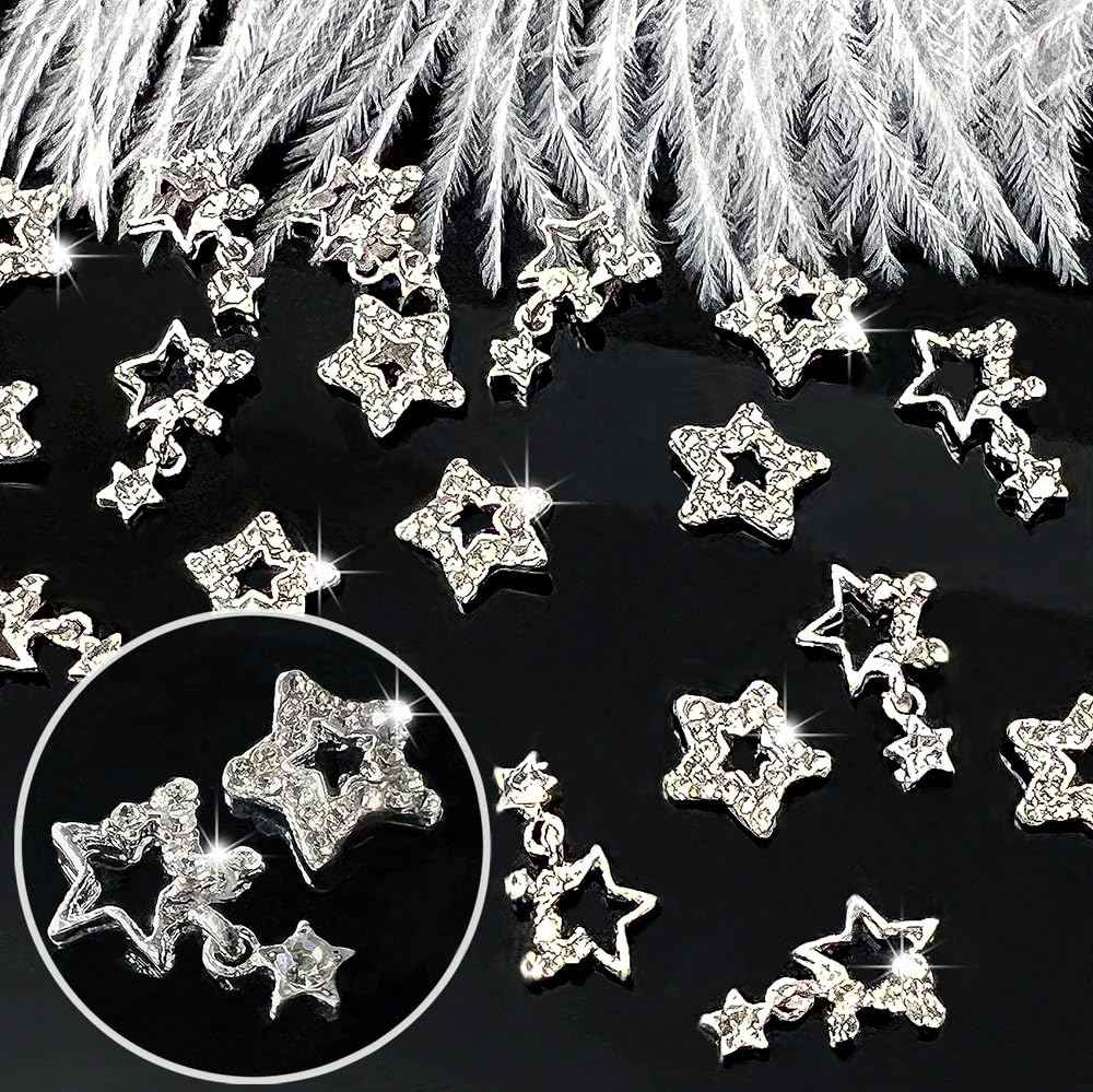 20 Pcs Star Nail Charms for Acrylic Nails, 3D Silver Stars Nail Rhinestones Nail Gems Jewels Pentagram, Shiny Crystal Star Nail Art Charms, 3D Nail Art Supplies, Nail Gems for Nails Designs