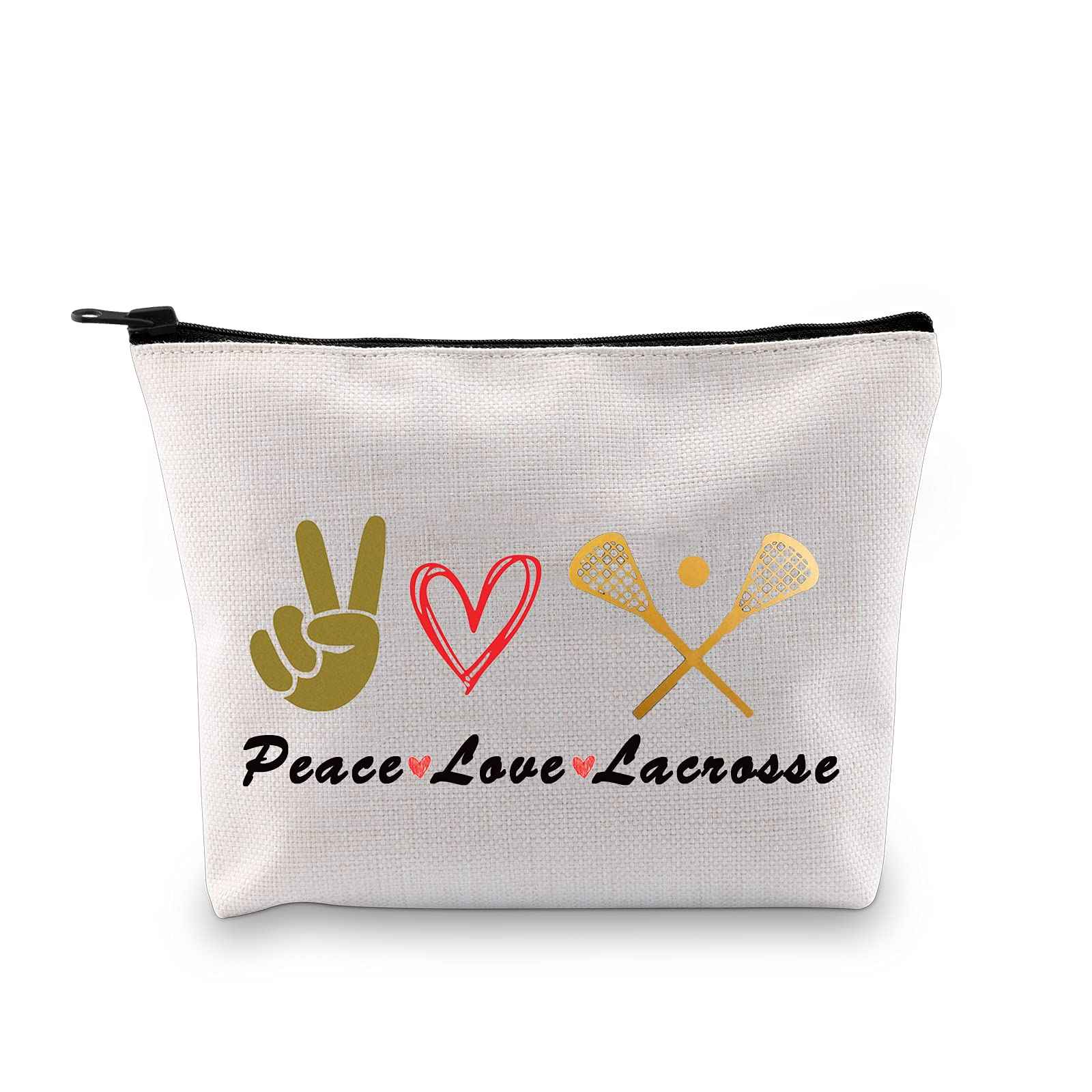 PXTIDY LAX Lacrosse Gifts Peace Love Lacrosse Makeup Bag Lacrosse Player Cosmetic Bag Gifts for Lacrosse Moms Lacrosse Fans(Beige)