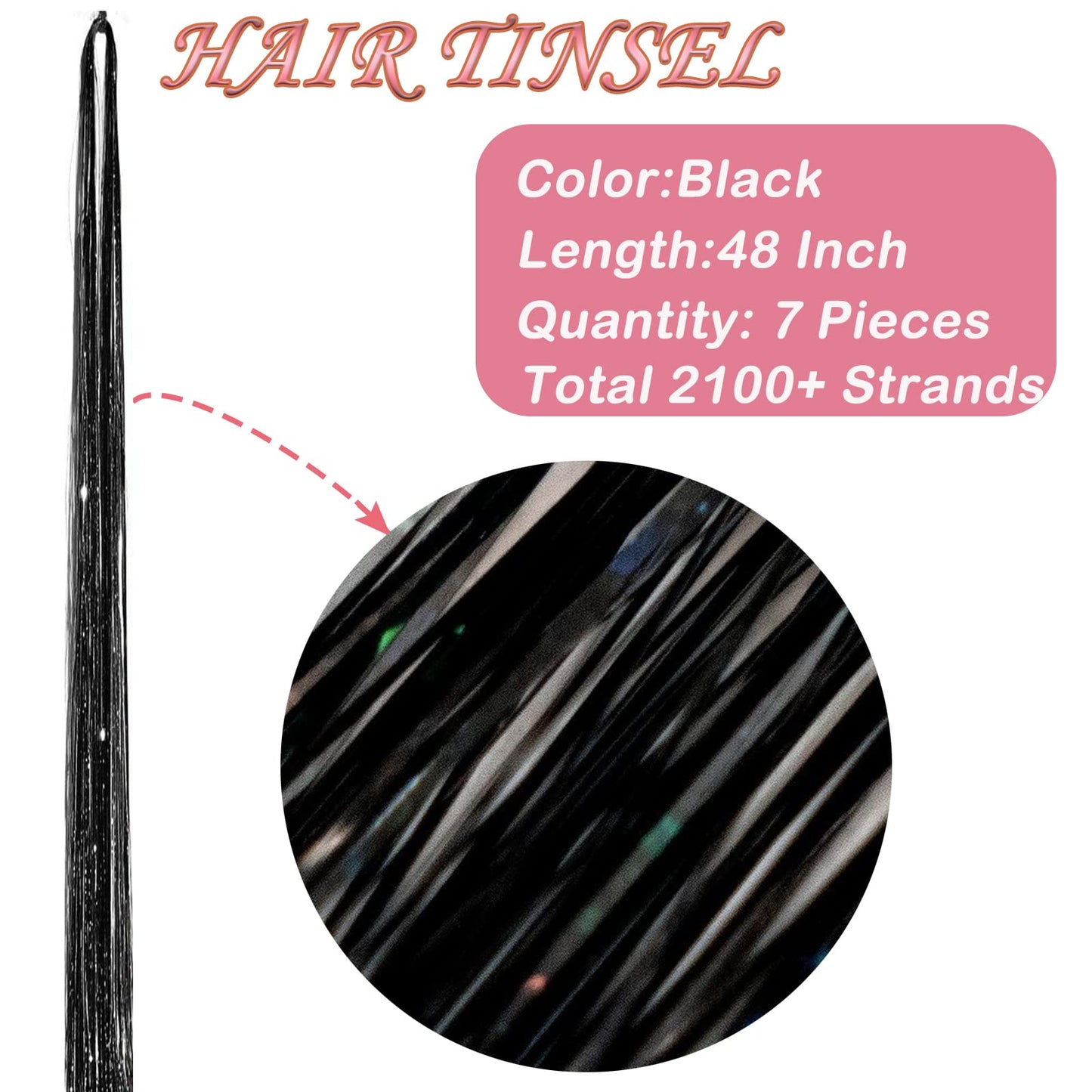 Black Hair Tinsel Kit: 48 Inches 7Pcs 2100 Sparkling Strands Glitter Tinsel Hair Extensions with Tools - Fairy Heat Resistant Hair Tinsel Accessories for Women Girls Kids