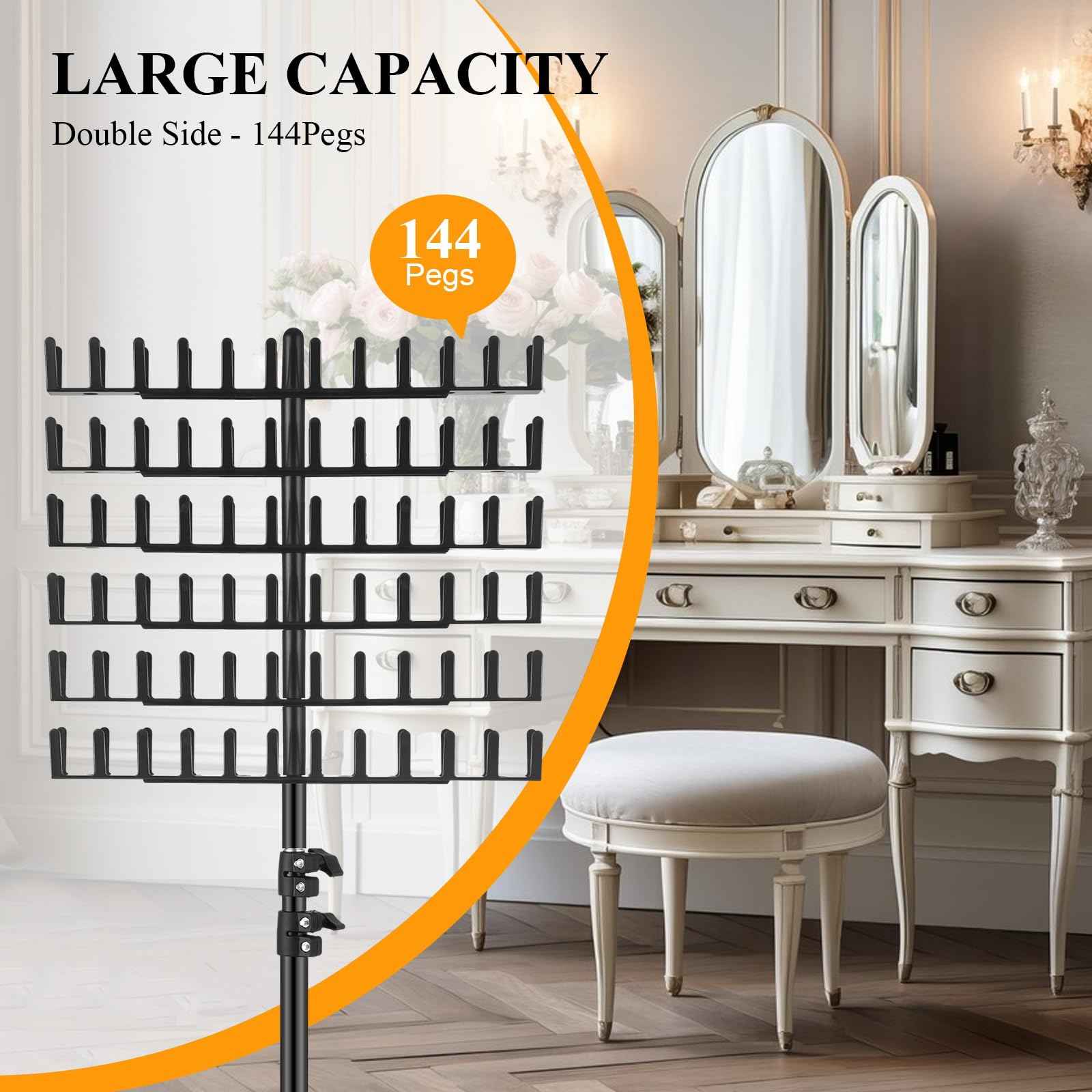 JANMPASK Braiding Hair Rack Height Adjustable 144 Pegs Braiding Rack Hair Extension Holder with Hair Braiding Tools Hair Divider Rack for Braiding Hair Separator Stand (black)