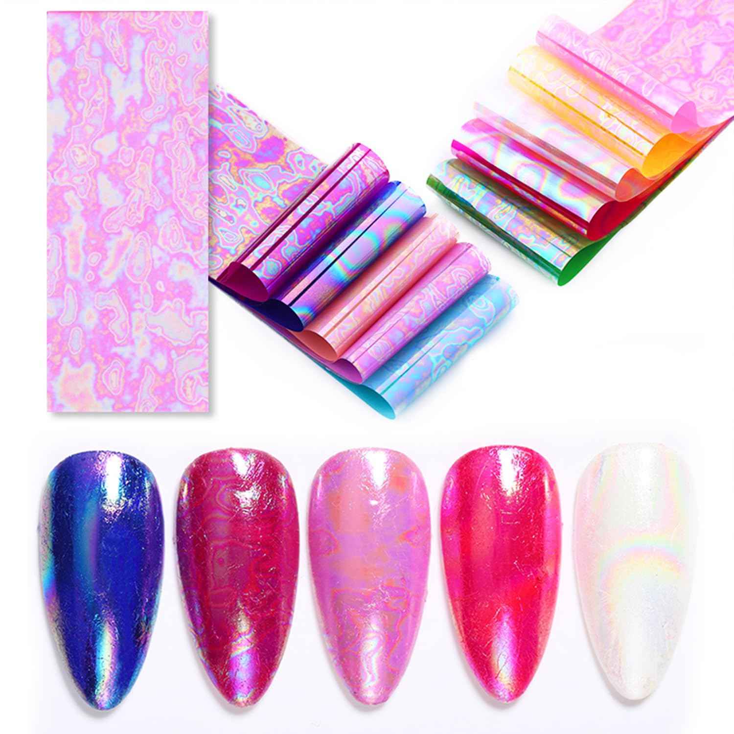 SILPECWEE 10 Rolls Aurora Nail Foil Laser Nail Transfer Foil Holographic Nail Art Foil Decals Iridescent Foil for Nails Fingernail Stickers Manicure Design for Women DIY Decoration