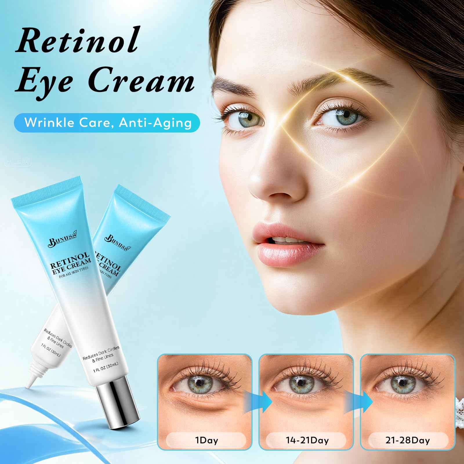Retinol Eye Cream - Eye Cream for Dark Circles, Puffiness, Anti Aging, with Hyaluronic Acid, Peptides, Caffeine, Reduces Bags, Smooths Wrinkles & Fine Lines, Dark Circles Under Eye Treatment, 1 fl. oz