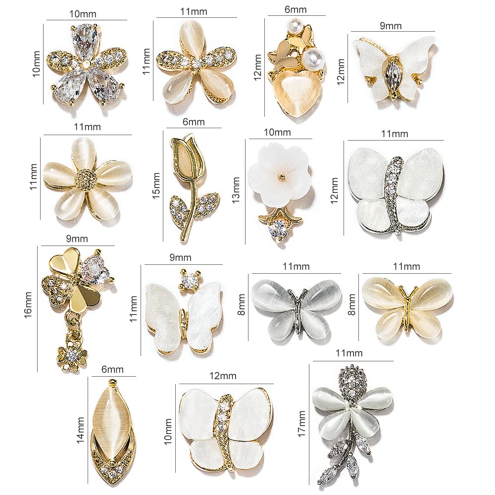 HNUIX Butterfly Nail Charms and Gems - Gold Copper Zircon, Multiple Shapes, Metal Jewelry Rhinestones Charms, 10 Pieces