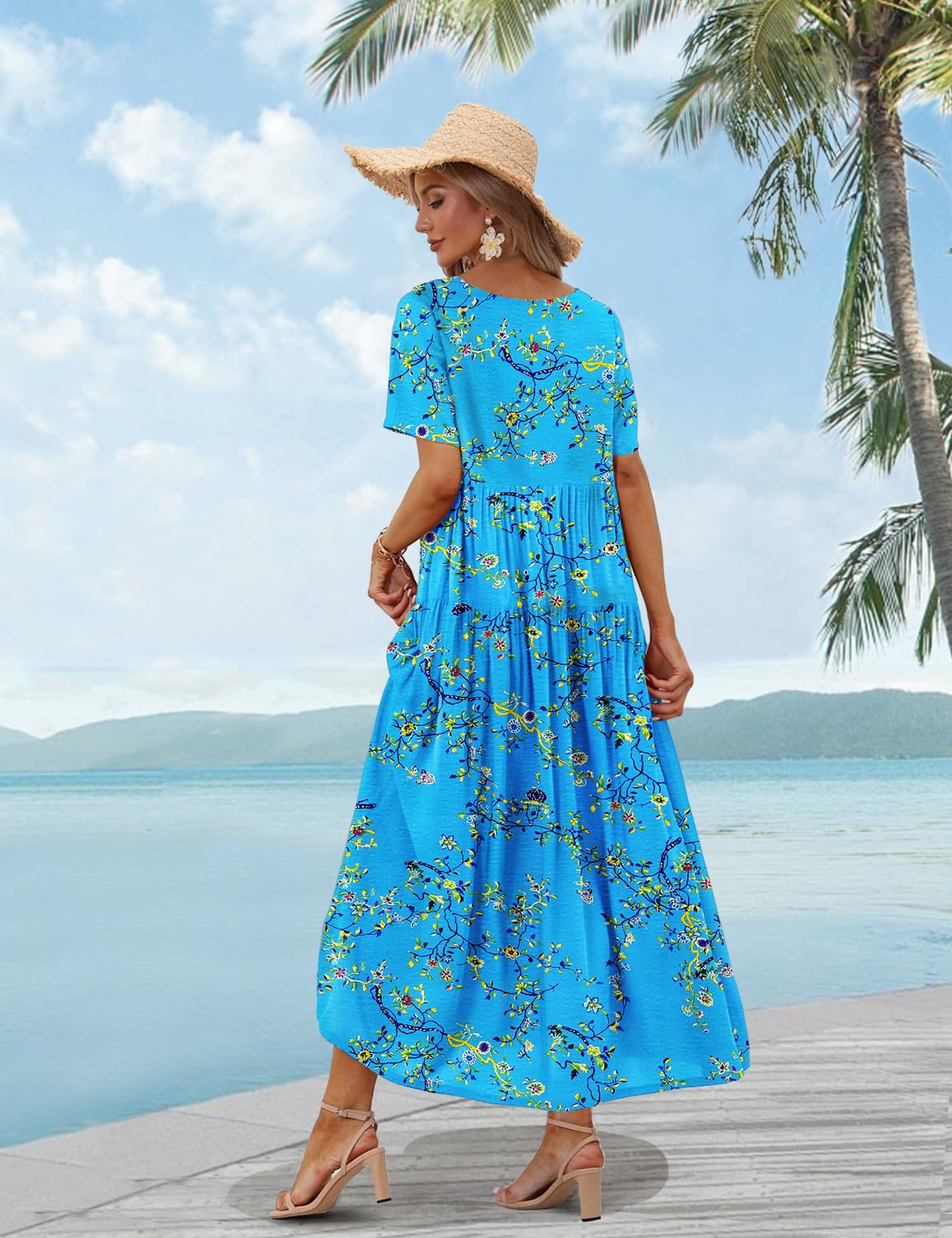 YESNO Women Casual Loose Bohemian Floral Dress with Pockets Short Sleeve Long Maxi Summer Beach Swing Dress S EJF CR44 Blue/Yellow