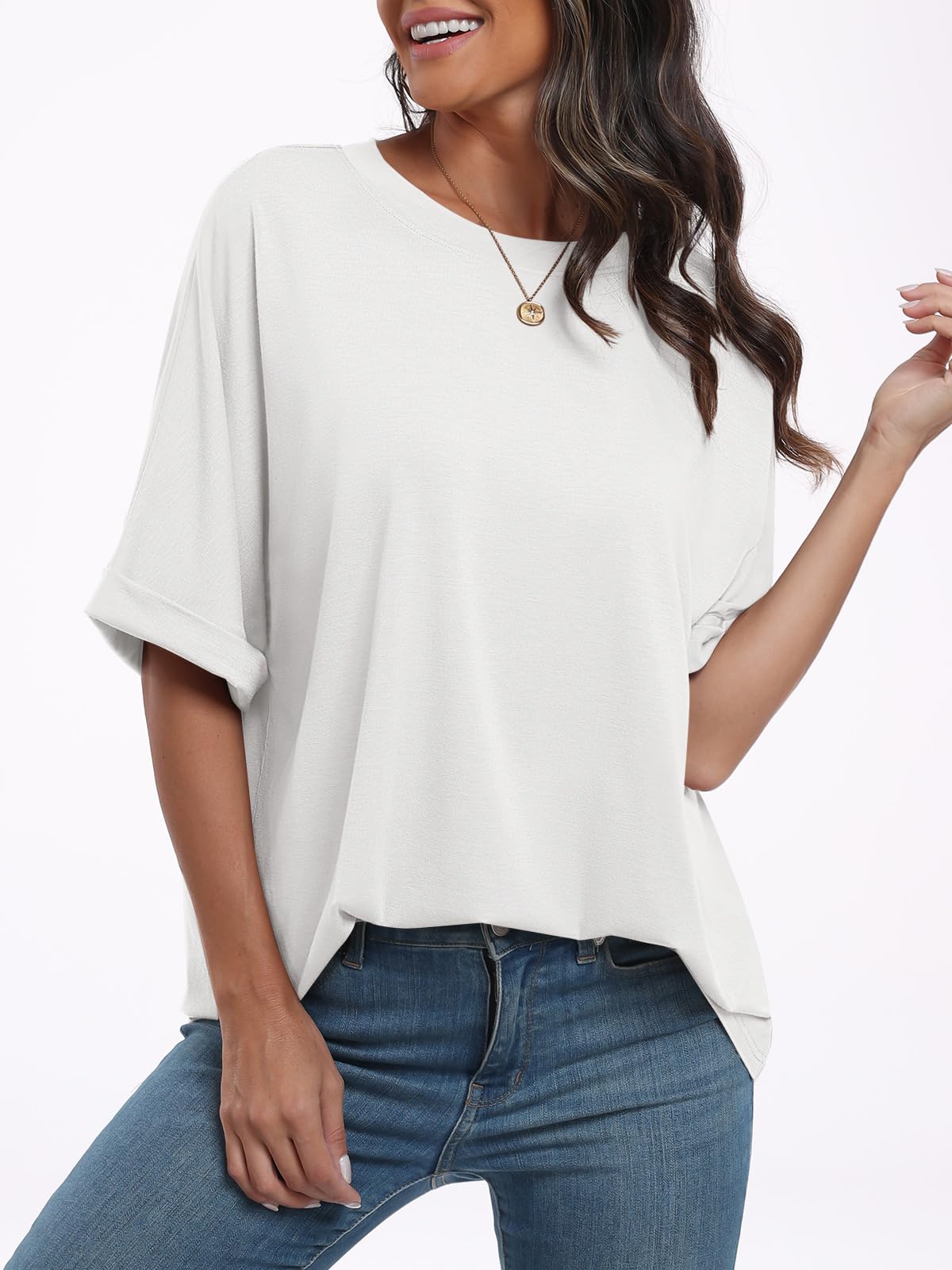 ANRABESS Women's Oversized T Shirts Short Sleeve Crewneck Summer Tops Casual Loose Basic Tee Shirts 2024 Trendy Clothes White Small