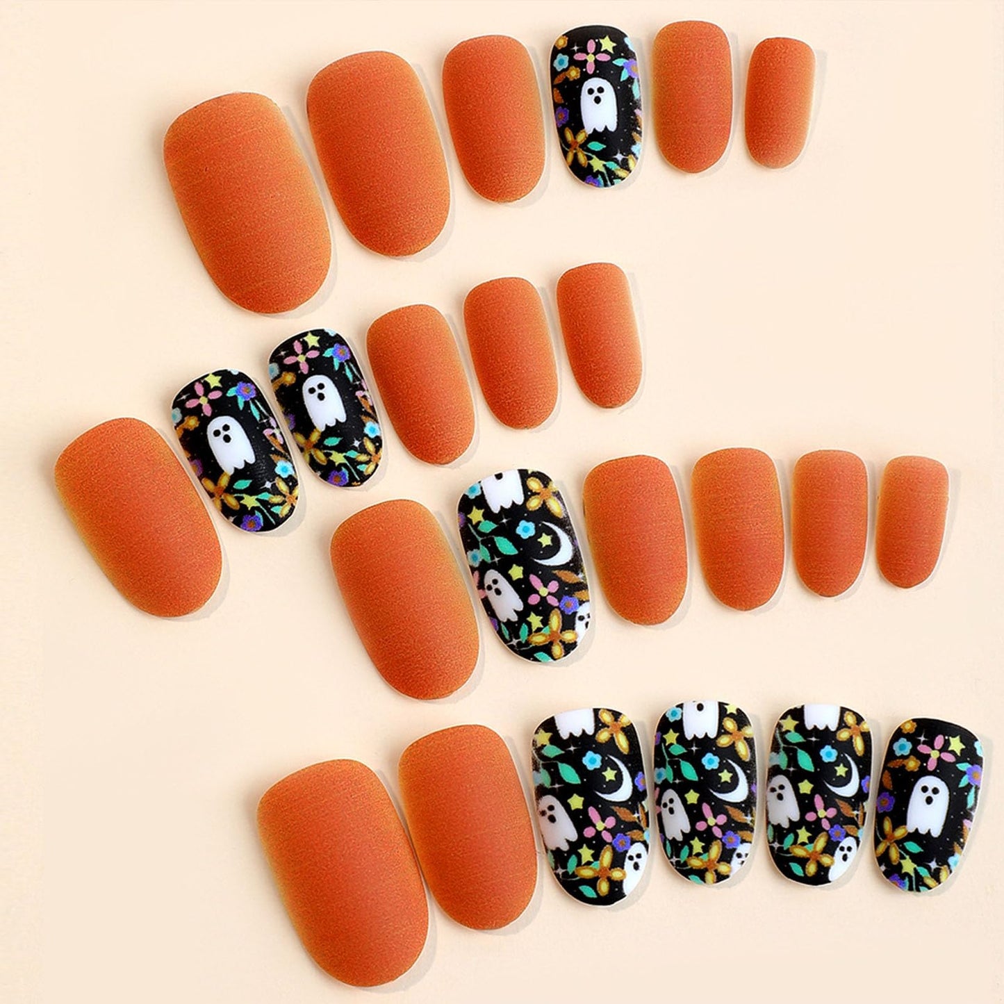 Halloween Press on Nails Short Oval Fake Nails Matte Designs False Nails Press ons with Cute Ghost Pattern Brown Full Cover Glue on Nails for Women Girls Halloween Party Nail Art Decoration 24 Pcs