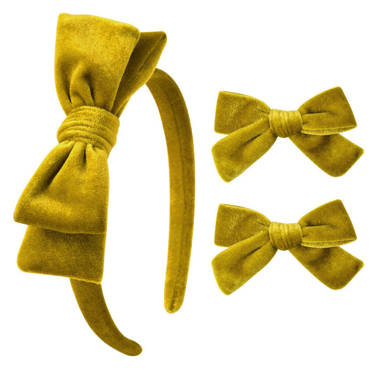 DEEKA Gold Velvet Bow Headband & 2 Pcs Velvet Hair Bows Set Velvet Uniform Hair Accessories Hair Band for Little Toddler School Girls -Gold