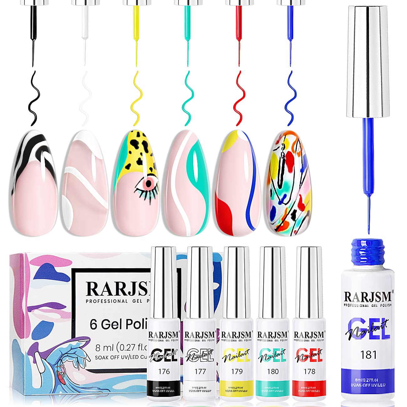 RARJSM Painted Gel Nail Polish Set,6pcs Black White Red Blue Green Yellow Liner Polish Pen UV LED Curing Requires Nail Painting Gel Polishes,Geometric 3D Nail Art DIY Nail Design