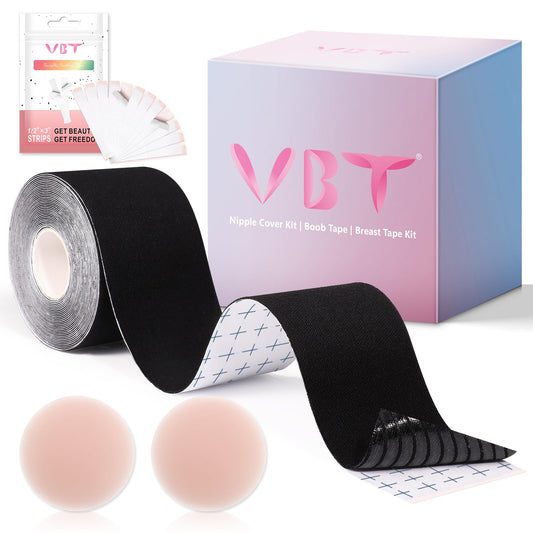 VBT Boob Tape - Boob Tape - Breast Lift Tape, Body Tape for Breast Lift w Silicone Breast Reusable Adhesive Bra, Bob Tape for Large Breasts A-G Cup，Black