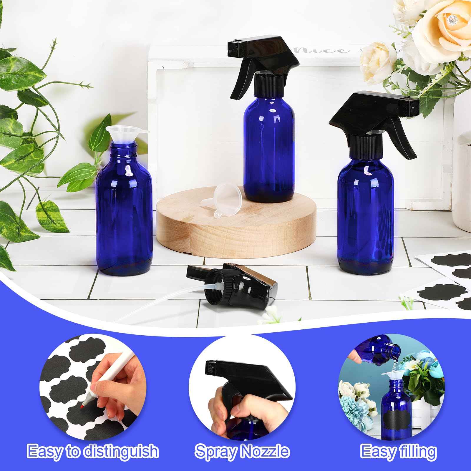 Fumete 20 Pcs 4 oz Glass Spray Bottles Empty Refillable Sprayer Containers with Funnels Labels Black Trigger Sprayers Spray Bottles for Essential Oil DIY Kitchen Hair Plants(Blue)