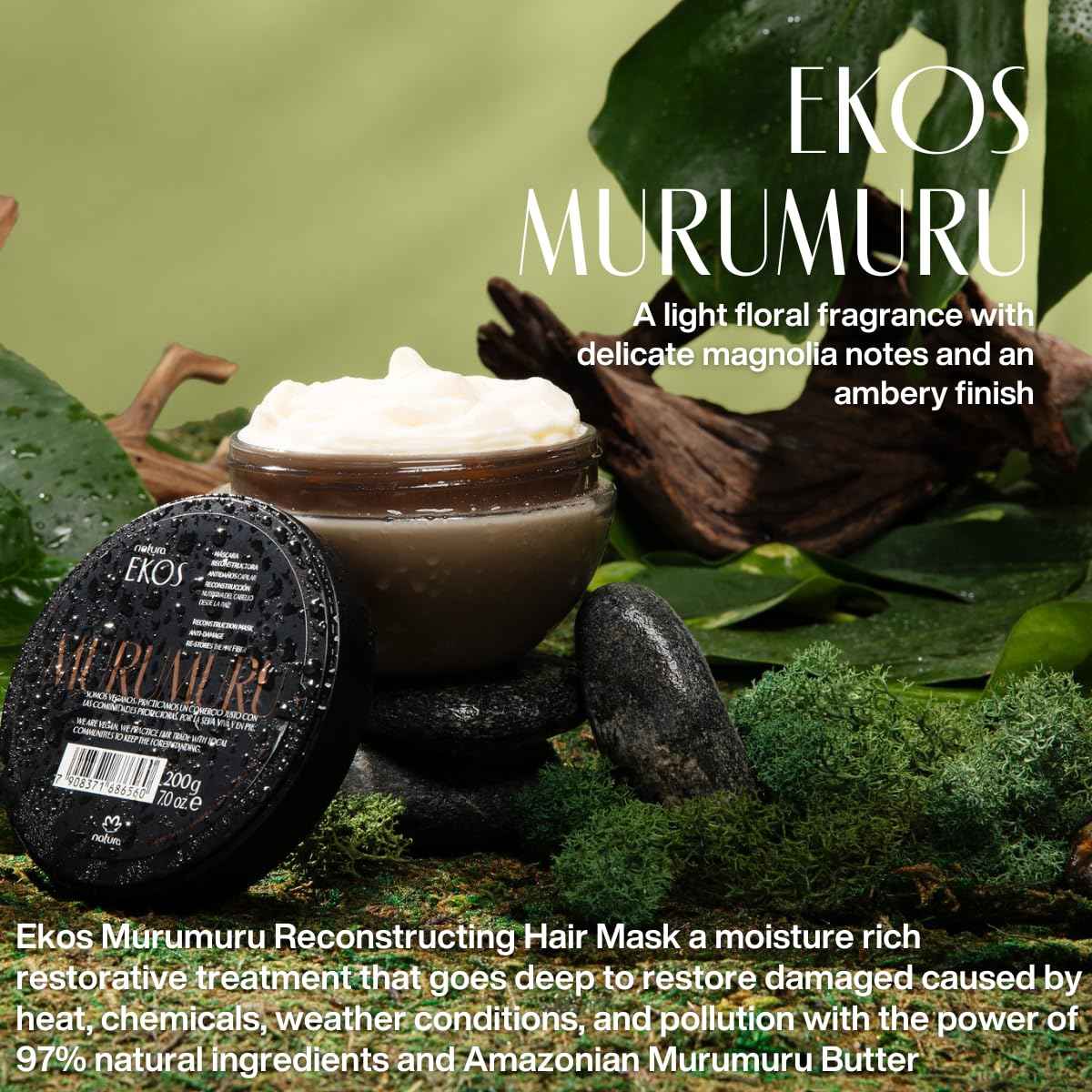 natura Ekos Murumuru Reconstruction Hair Mask - Reduce Breakage & Rebuild Hair Fiber - Intensely Repairs & Protects From Damage -Deep Hydration - Vegan & Cruelty-Free Hair Care - 200g