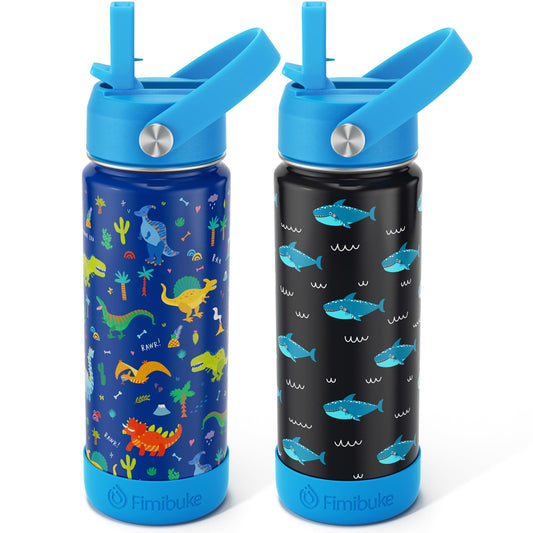 Fimibuke Kids Insulated Water Bottle - 18oz BPA-FREE Kids Cups with Straw Double Wall Vacuum Tumbler 18/8 Stainless Steel Leak Proof Toddler Water Bottle for School Boys Girls (2 Pack, Dinosaur/Shark)