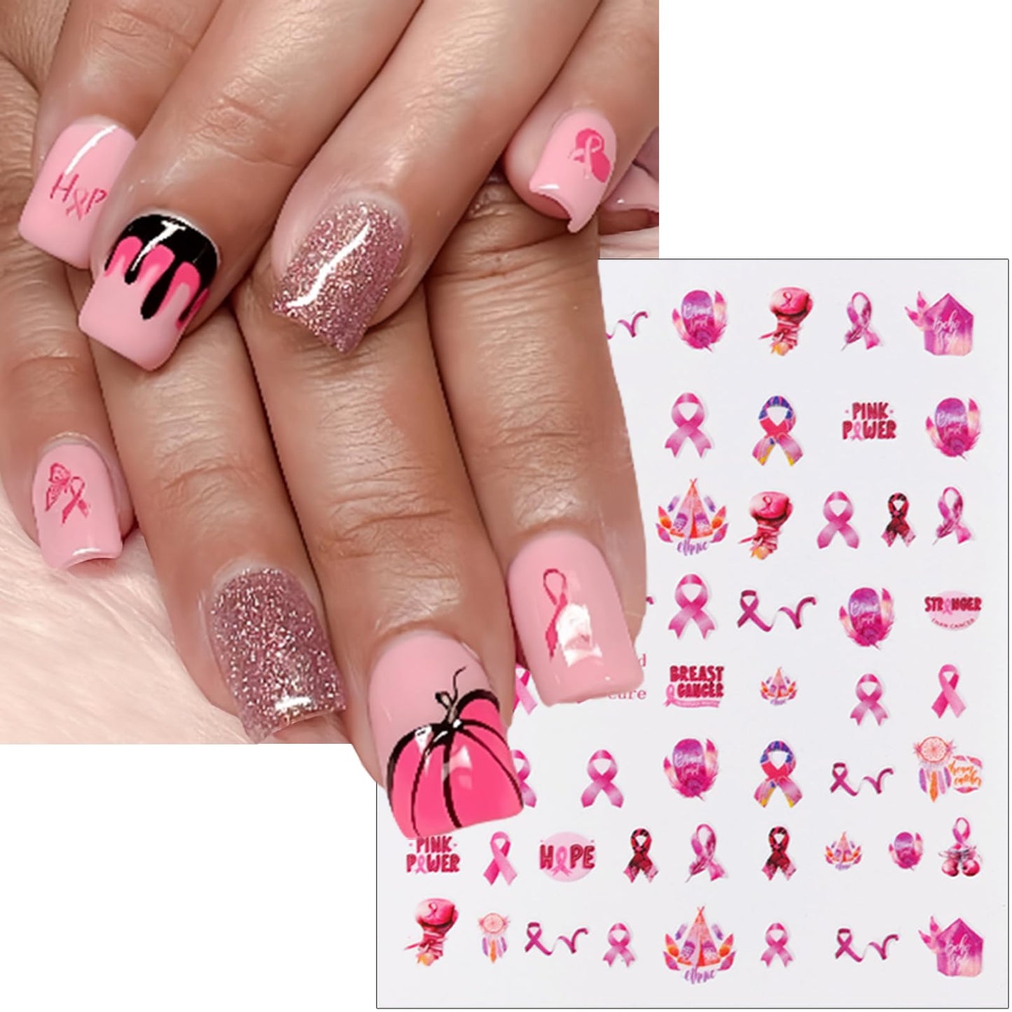 Breast Cancer Nail Art Stickers 3D Self-Adhesive Nail Decals Pink Ribbon Nail Stickers Heart Breast Cancer Awareness Nail Design Stickers Nail Supplies for Women Girls DIY Manicure Decoration 6Sheets