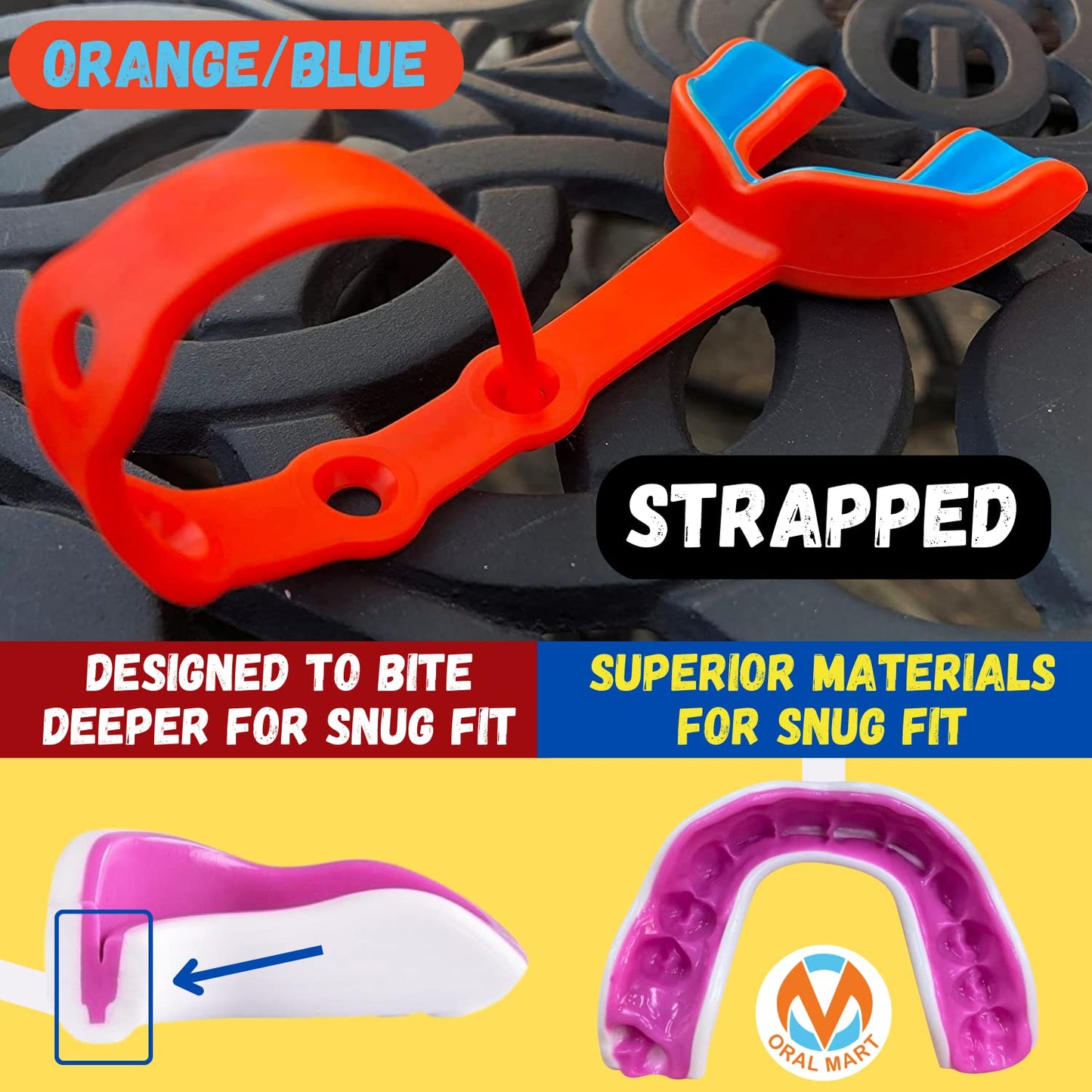 Oral Mart Orange/Blue Strapped Youth Mouth Guard for Kids - Sports Mouthguard with Connected Strap for Football, Ice Hockey, Lacrosse, Taekwondo