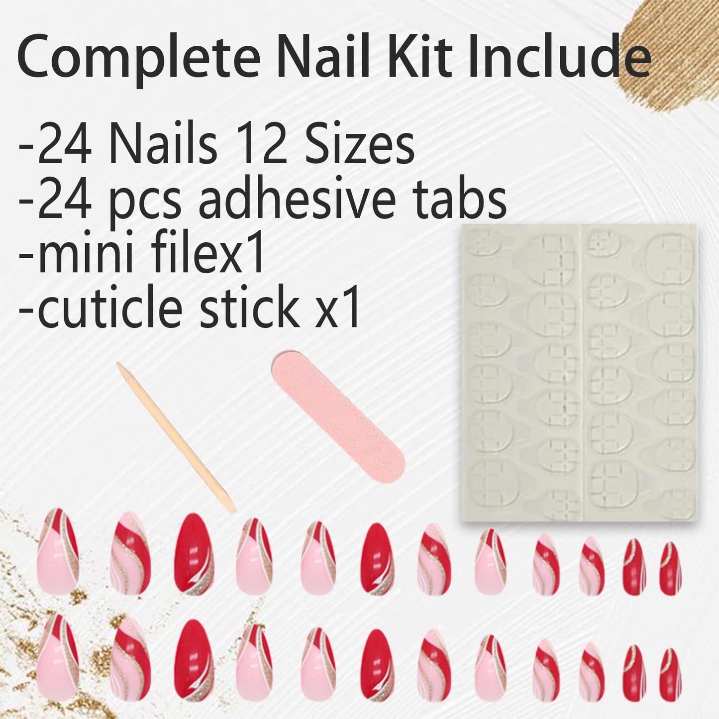 24Pcs Almond Press on Nails Medium Fake Nails Full Cover Wine Red French Tips with Gold Line Designs Artificial Acrylic Reusable Glossy False Nails Glue on Nails Stick on Nails for Women Girls