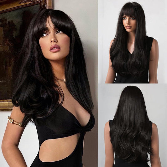 Honygebia Black Wig with Bangs - Natural Black Wigs for Women, Long Straight Wavy Synthetic Hair, Layered Realistic Heat Resistant Wig, Best for Halloween/Christmas/Cosplay/Party