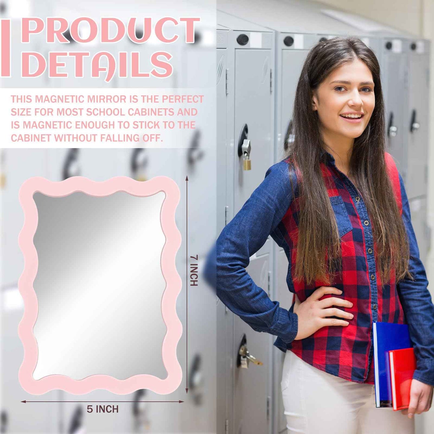 Leinuosen Scalloped Magnetic Locker Mirror 5''x7'' Small Real Glass Makeup Mirror with Magnetic Backing Cute Locker Decorations for Office Cabinet Lockers Accessories(Light Pink)