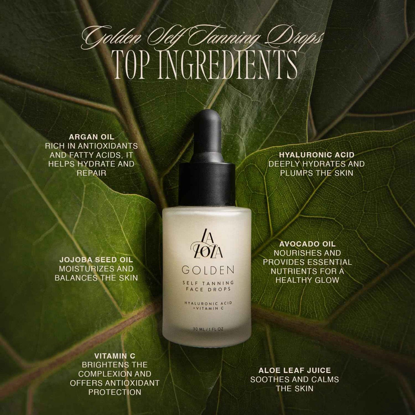 LALOLA Golden Face Tanning Drops – USA-Made Self Tanner with Vitamin C & Hyaluronic Acid, Natural & Ingredients for a Hydrated, Sunless Tan, Non-Toxic & Cruelty-Free Bronzing Drops