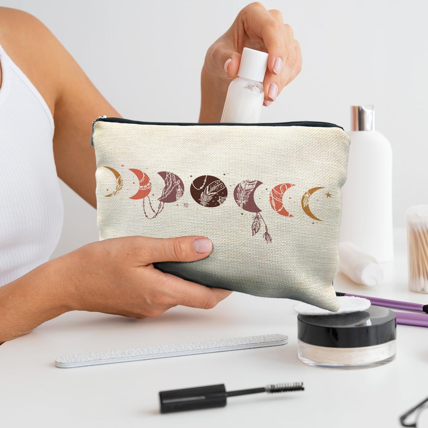 RYYCDOI Boho Moon Phase Aesthetic Makeup Bag, Witchy Gifts for Women, Witchy Makeup Bag, Witch Stuff, Witch Gifts Cosmetic Bags for Women, Halloween Makeup Bag, Halloween Gifts for Women