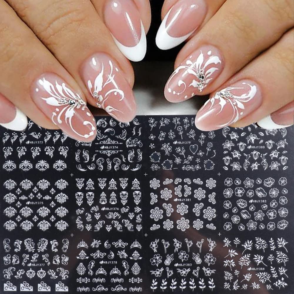 White Flower Nail Art Stickers Decals,3D Self-Adhesive Nail Art Stickers White Floral Retro Blooming Flower Nail Supplies Leaf Vine Lace Nail Art Stickers Nail Designs Manicure Tips Nail Decoration