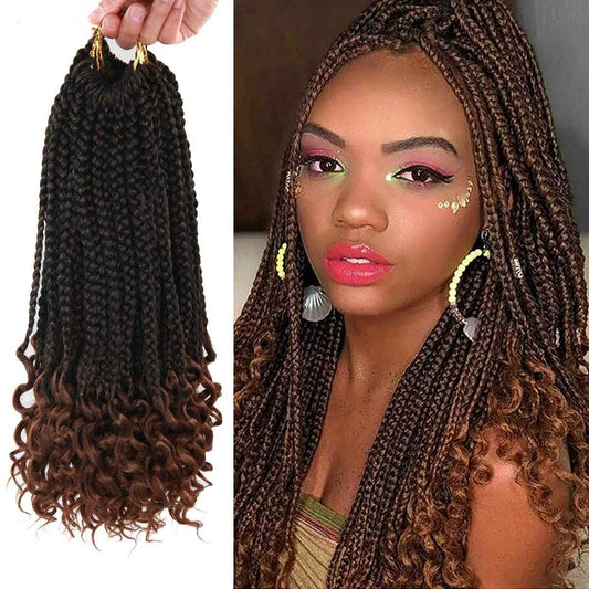 14 Inch 144 Roots/pack Box Braid Crochet Hair Black Box Braids Hair Curly Ends Ombre Brown Curly Wave Goddess Braids Crochet Hair 24 Strands/pcs Braiding Hair Extensions (14inch, 1B/30#)