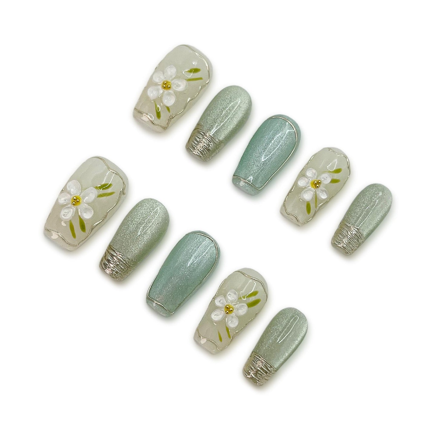 Yabonica Magnetic Nails Press On Handmade Press On Nail Coffin Ballerina Light Green Cat Eye Fake Nail Tip 3D Flower Design Handmade Nail Art 10 pcs with Storage Box(GREEN, S)