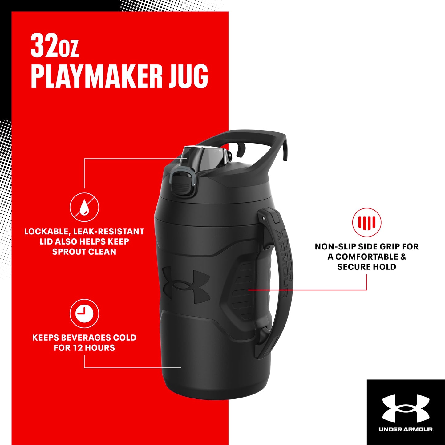 Under Armour Sports Water Jug, 32 oz Insulated Water Bottle w/Handle, Fence Hook, Leak Resistant, Baseball, Football & More