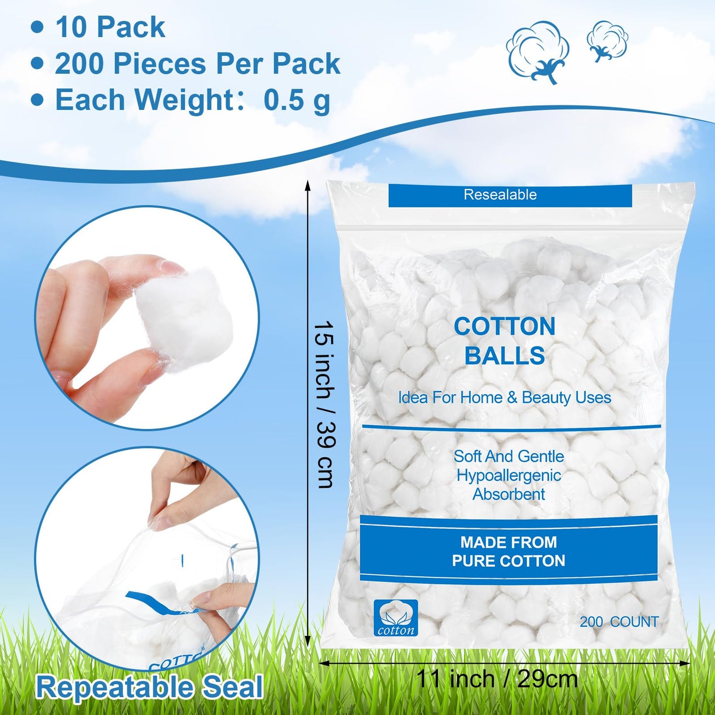 Heigble 2000 Pcs Soft Cotton Ball Bulk Organic Medium Cotton Ball Absorbent Multipurpose Pure Cotton Ball for Nail Polish Remover Makeup Removal First Aid Face Crafting Cleaning Skin Applying Lotion