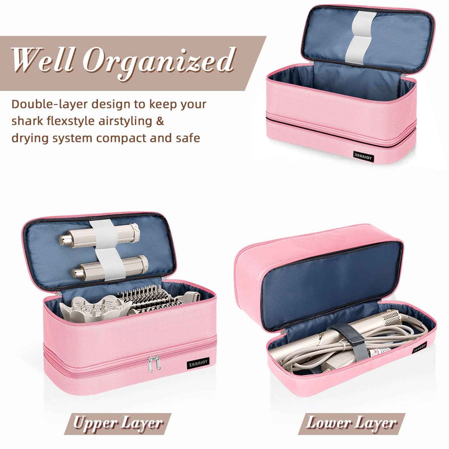 ZRRAJOY Double Layer Storage Case For Shark Flexstyle, Travel Carrying Case For Shark 430/440 Flexstyle, Organizer Bag For Shark Flexstyle/Dyson Airwrap Styler Attachments (Pink)