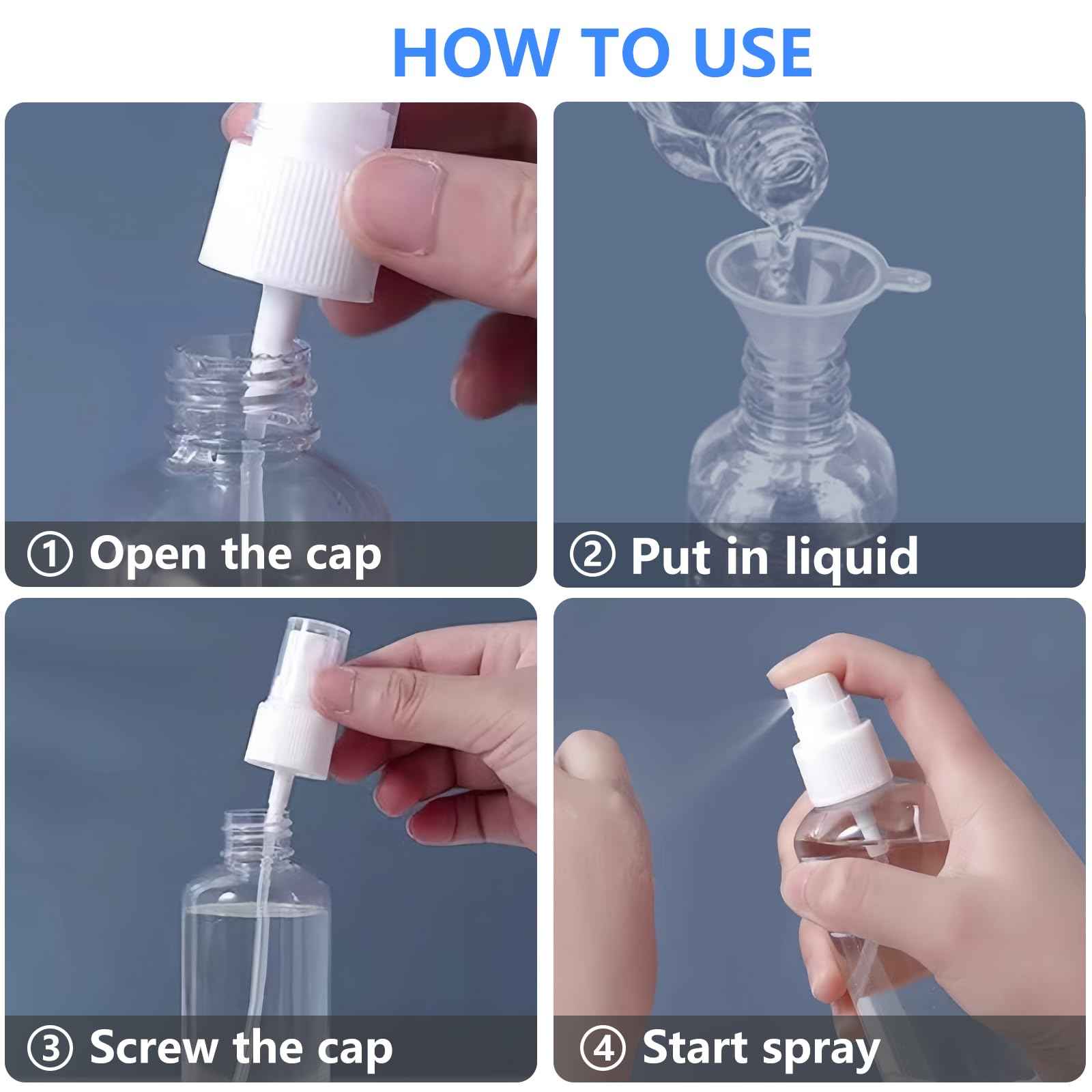 DTDNZKN 4 Pack 2 Oz (50ml) Mini Spray Bottles Clear Travel Size Spray Bottles Leak Proof with Funnels and Labels