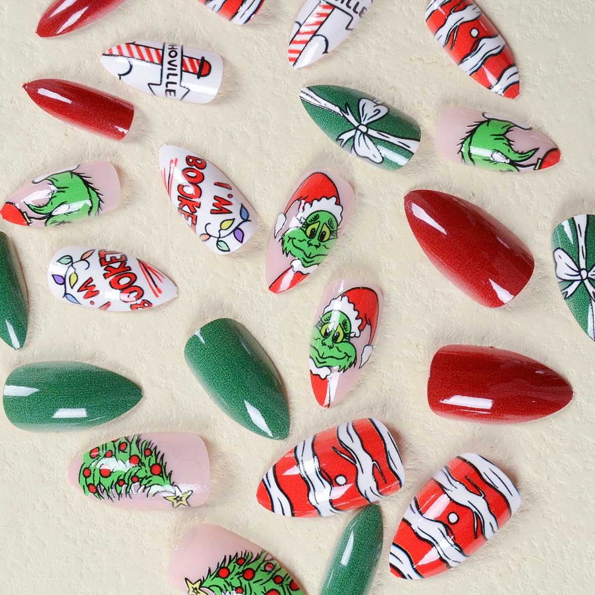 Christmas Press on Nails Short Almond Fake Nails Fun Cartoon Santa Claus Xmas Tree Stick on Nails Acrylic False Nails with Red Ribbon Designs Winter Holiday Artificial Glue on Nails for Women