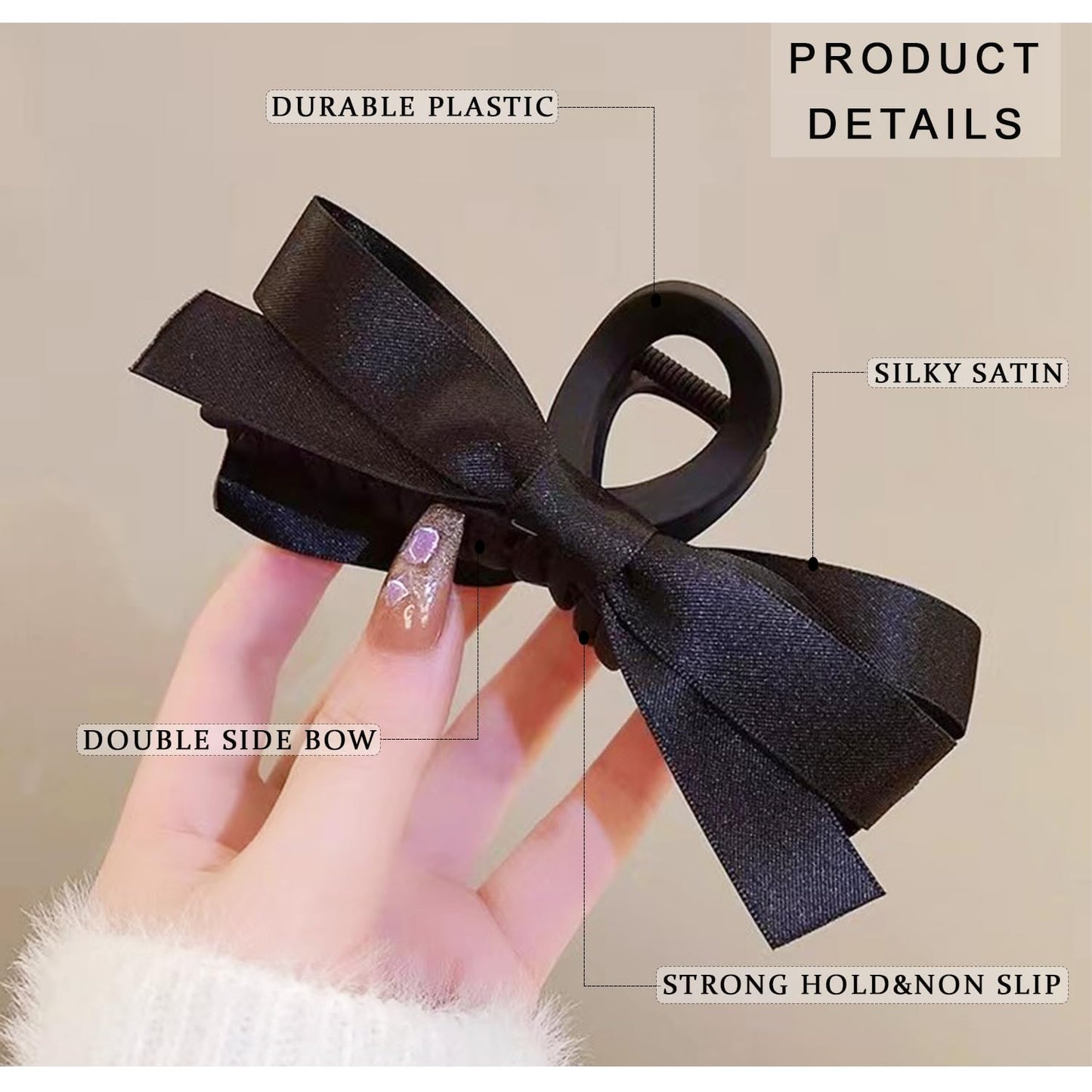 Bow Hair Claw Clip Black Bows Hair Claws Barrette for Thick Thin Hair,Silky Satin Bow Knot Non Slip Claws Clamps Large Bow Hair Barrettes Accessories for Women and Girls (Black(matte)-2pcs)