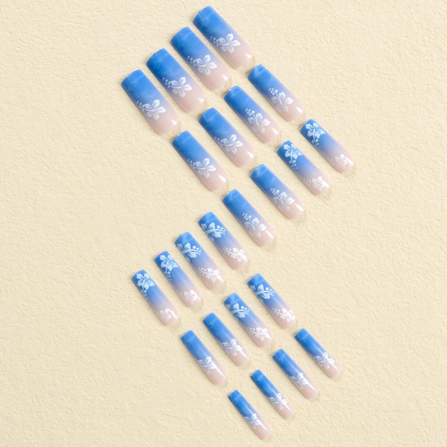 Press on Nails Long Fake Nails with White Flowers Designs Square Full Cover Nails Press ons Blue Ombre Acrylic Nails Extra Long Artificial Ocean Spray Stick on Nails for Women 24 Pcs