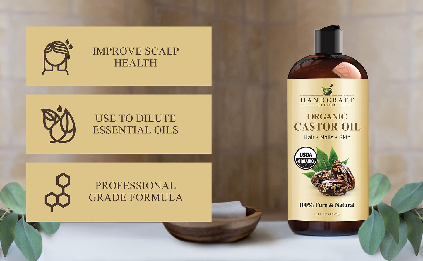 Handcraft Blends Organic Castor Oil for Hair Growth, Eyelashes and Eyebrows - 100% Pure and Natural Carrier Oil, Hair Oil and Body Oil - Moisturizing Massage Oil for Aromatherapy - 16 fl. Oz