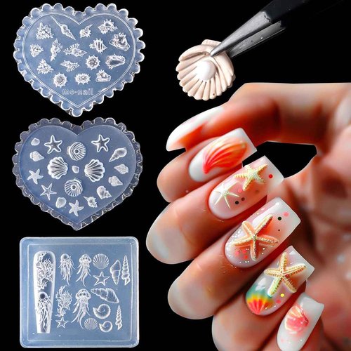 3D Shell Starfish Silicone Nail Molds, 3Pcs Ocean Themed Nail Art Mold Carving Template, Summer Beach Style Nails Design Tools Nail Mould for Manicure Decoration Accessories