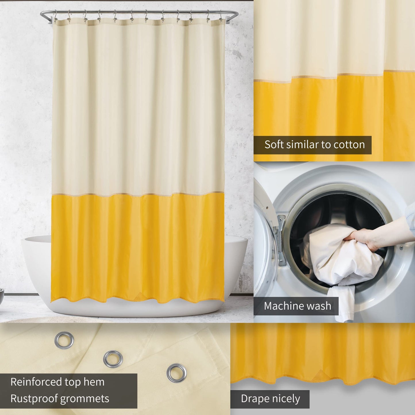 ALYVIA SPRING Waterproof Fabric Shower Curtain Liner - Soft & Light-Weight Cloth Shower Liner, 3 Bottom Magnets, Hotel Quality & Machine Washable - Standard Size 72x72, Cream and Yellow