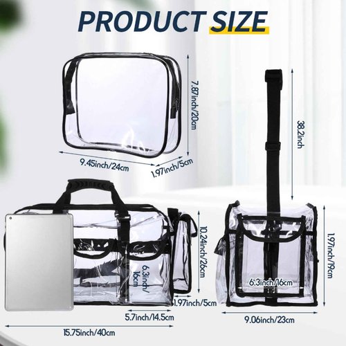 Abbylike 2 Pcs Large Professional Clear PVC Travel Makeup Bag with 4 External Pockets and Shoulder Strap Zippered Toiletry Bags for Women(Black)